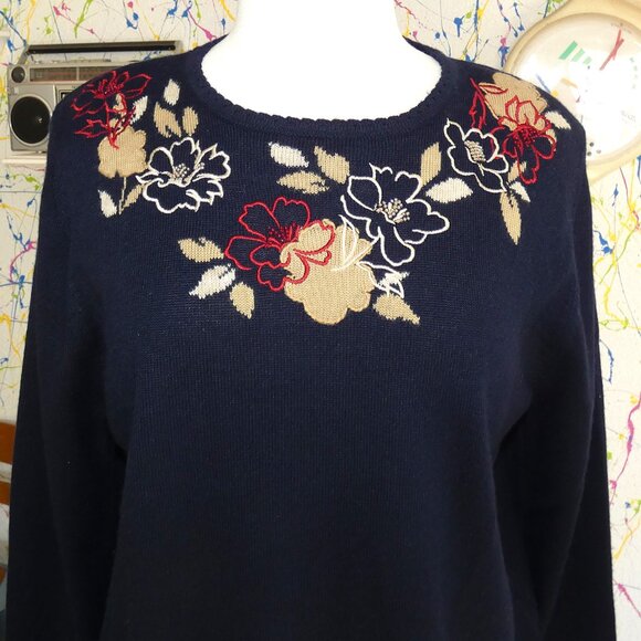 Embroidered Floral Navy Blue Long Sleeve Sweater💚3 for $50 - Picture 2 of 4